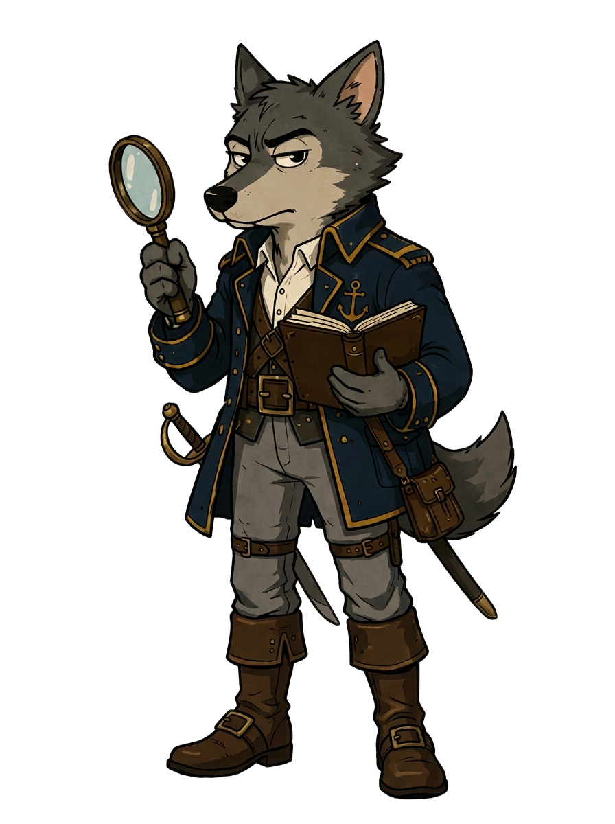 A panda pirate examining a crystal with a magnifying glass
