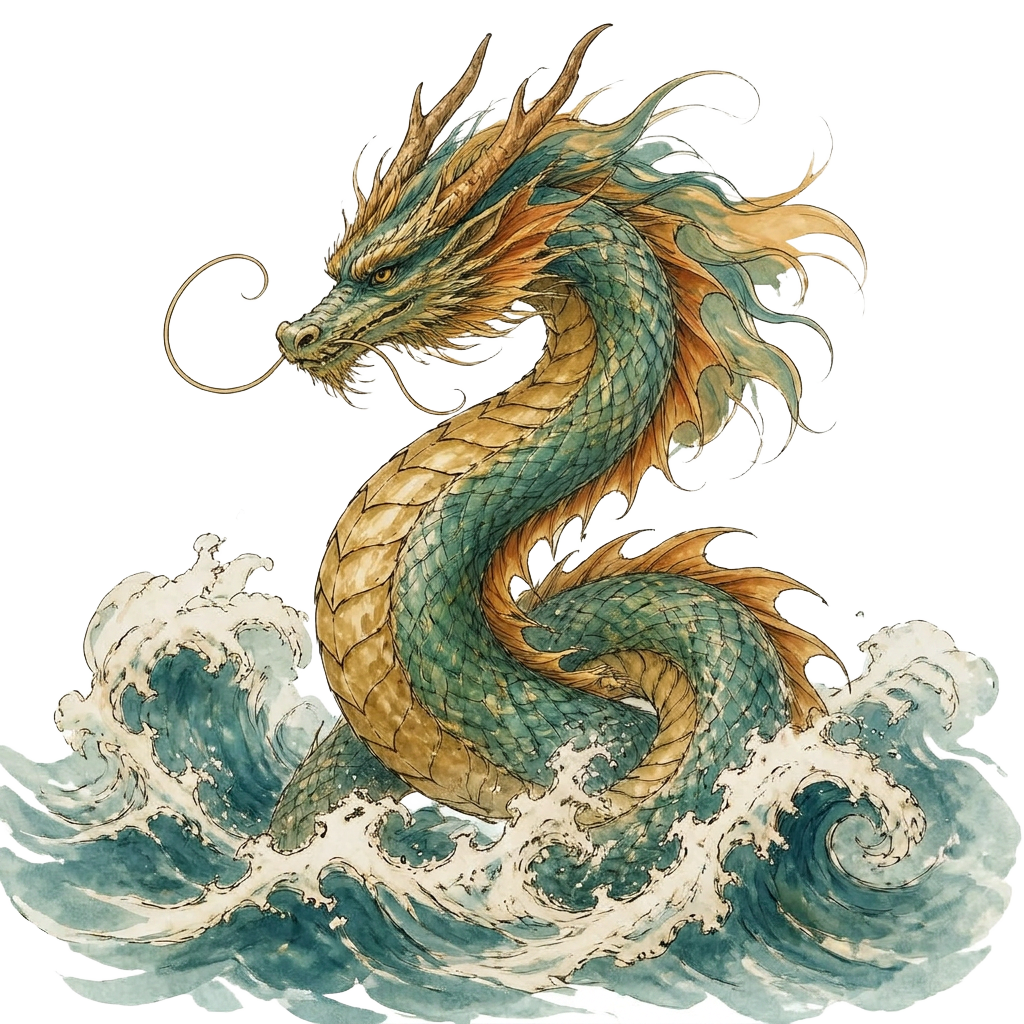 A sea dragon rising beside the text