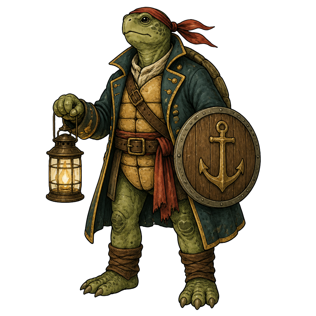 A tortoise pirate stacking stones