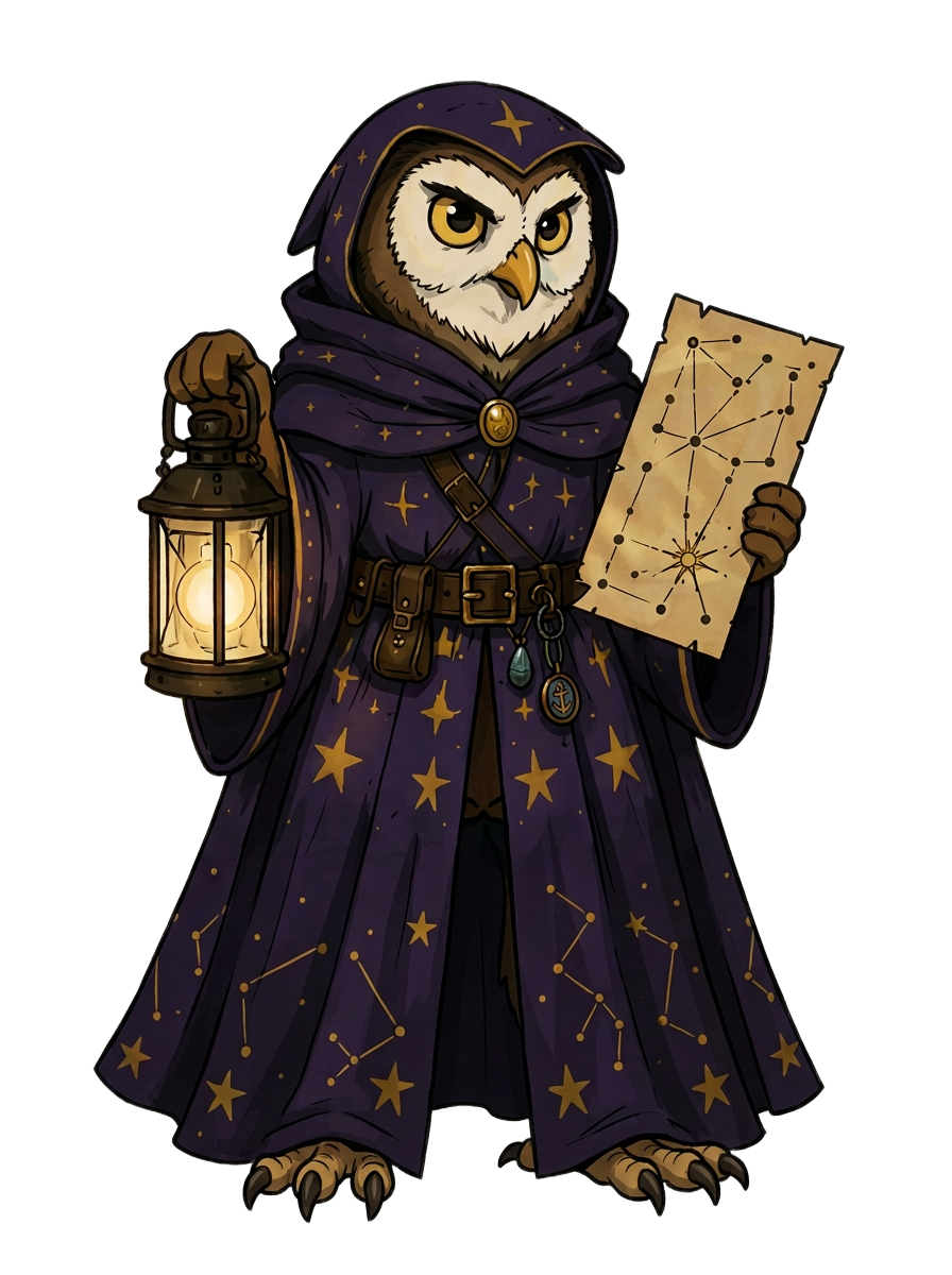 An owl pirate gazing through a spyglass