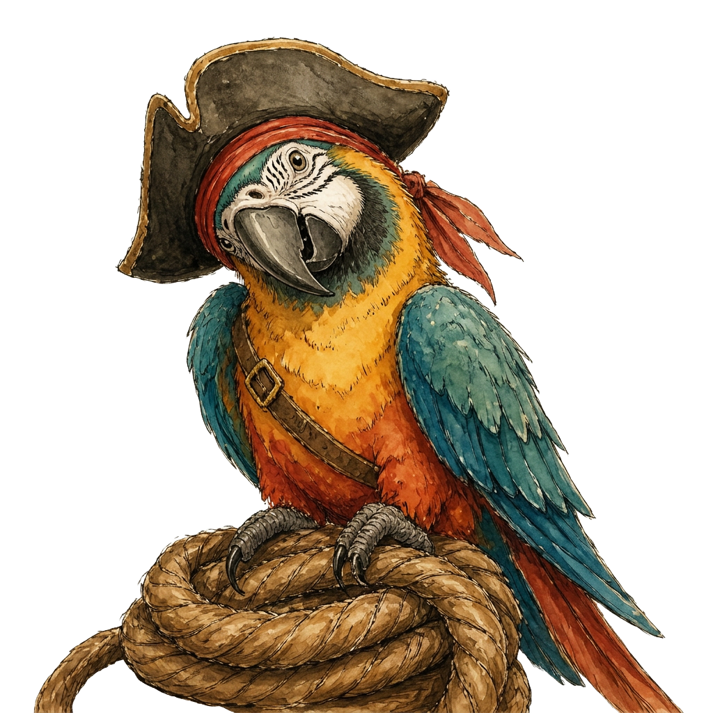 A parrot with a pirate hat perched on a post