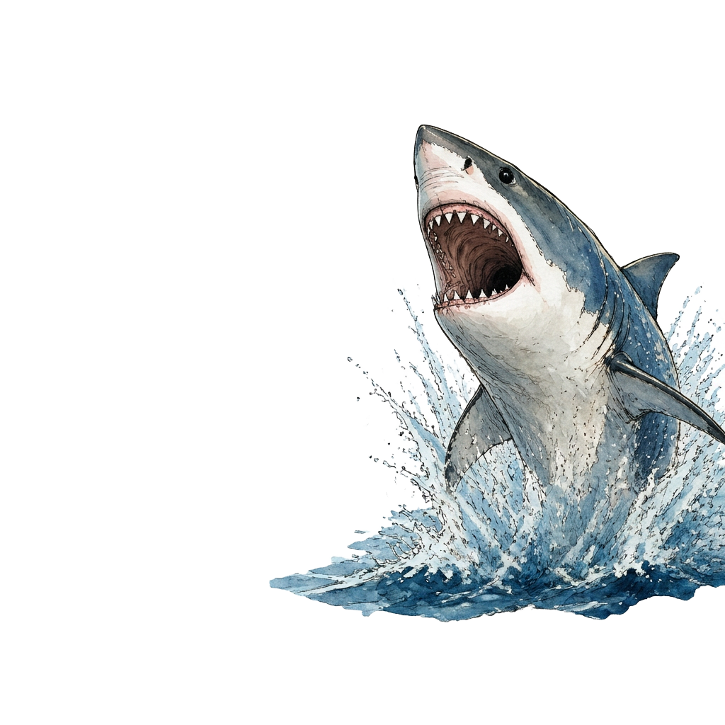 A great shark bursting from the water, jaws open