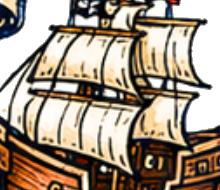 The crew's ship riding a hand-drawn wave