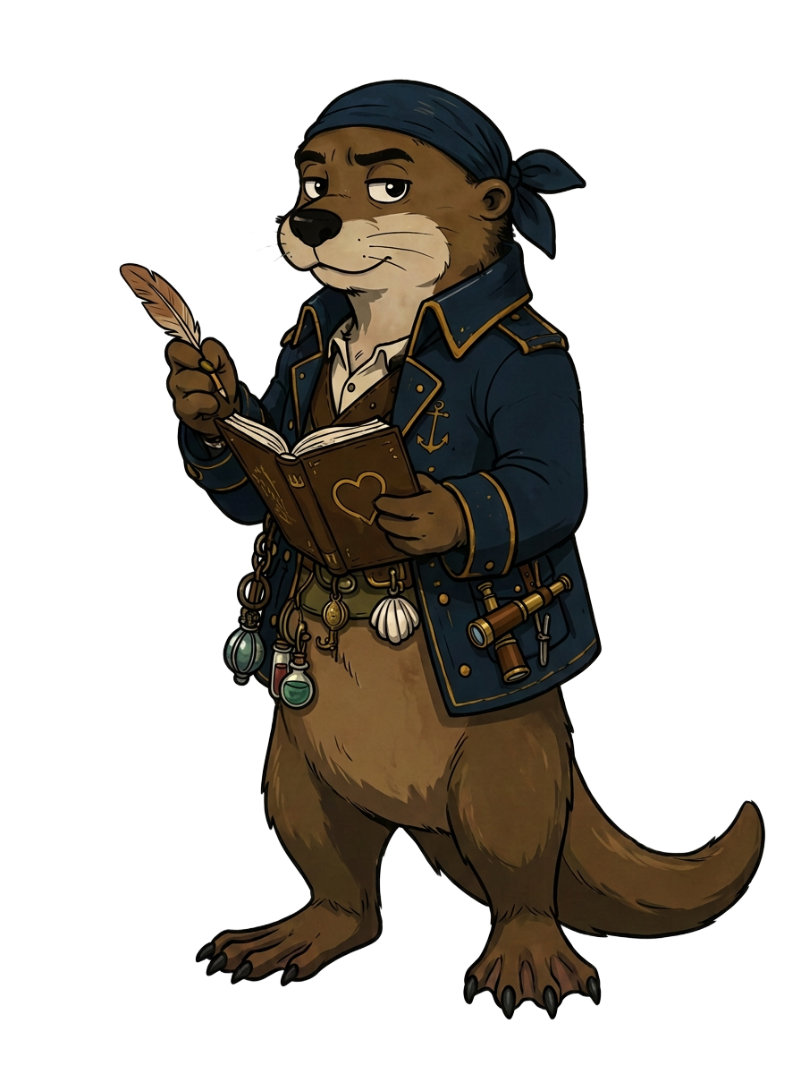 A red panda pirate holding a leaf compass